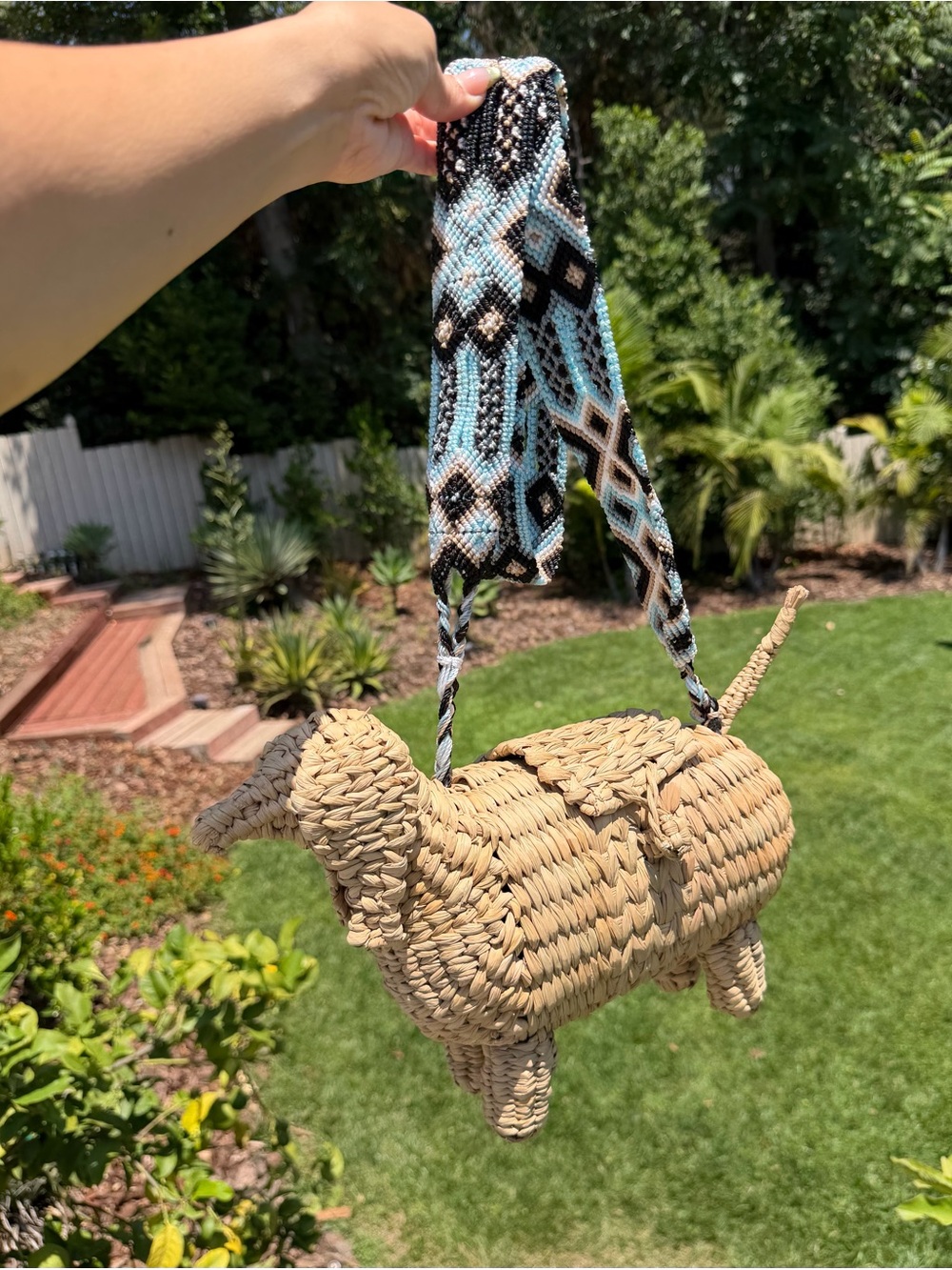 Artisan Handwoven Natural Straw Dog Shaped Bag with Blue Patterned Strap